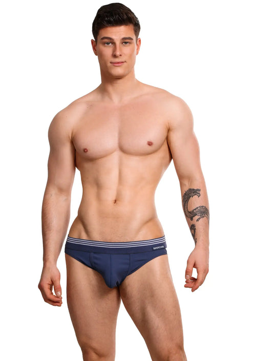Navy blue Marcuse Huxley brief underwear with three thin white stripes on waistband and small morfo logo on side