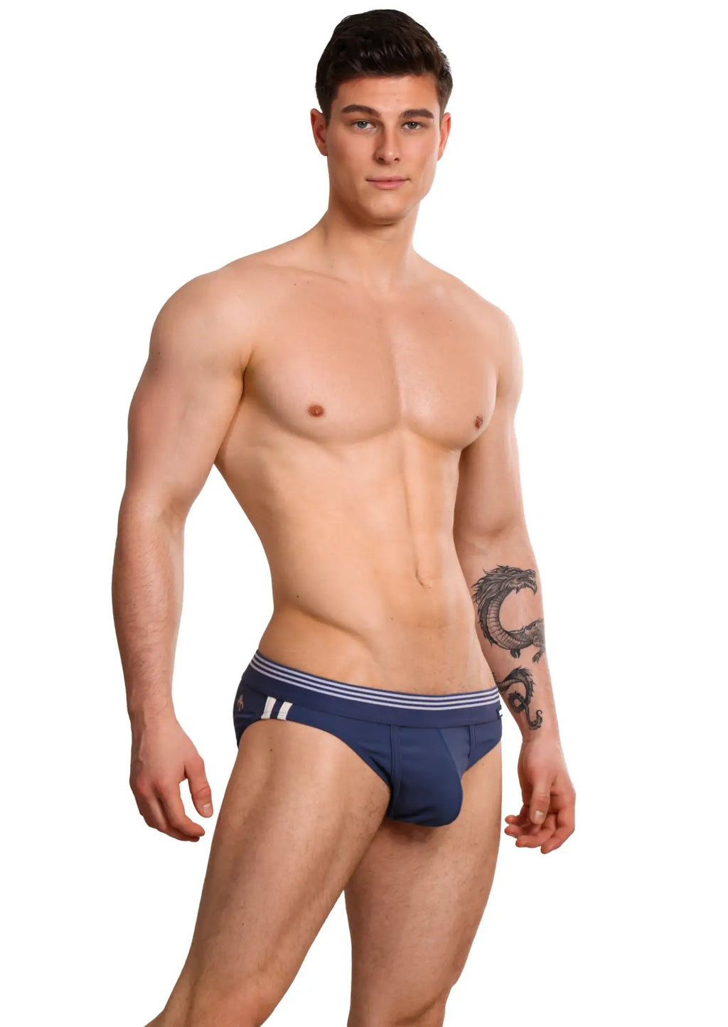 Navy blue Marcuse Huxley brief underwear with white striped waistband and side stripes made from soft fabric