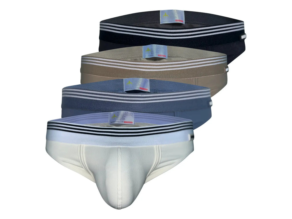Set of four Marcuse Huxley brief underwear in black beige blue and white with striped elastic waistbands