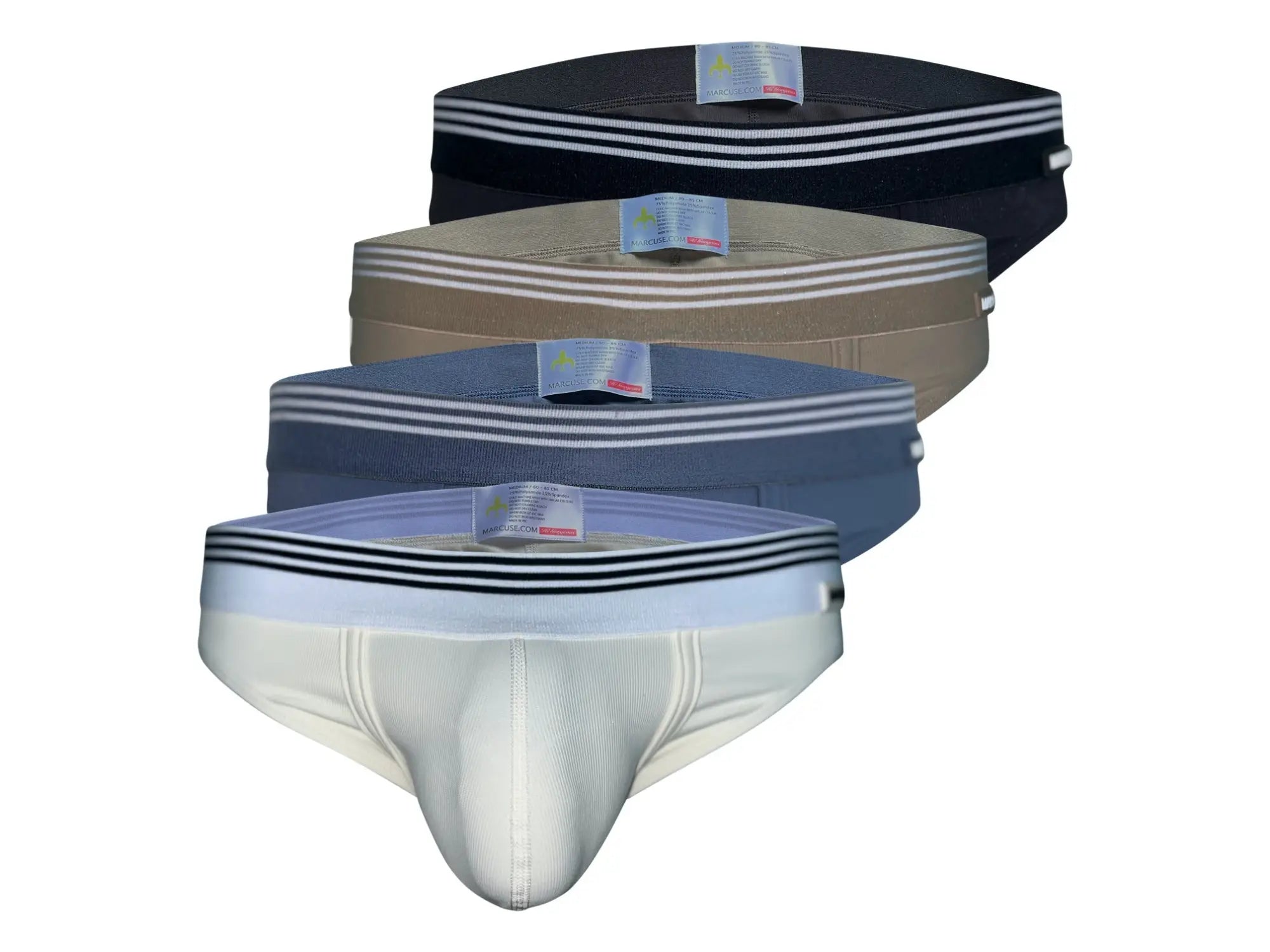 Set of four Marcuse Huxley brief underwear in black beige blue and white with striped elastic waistbands
