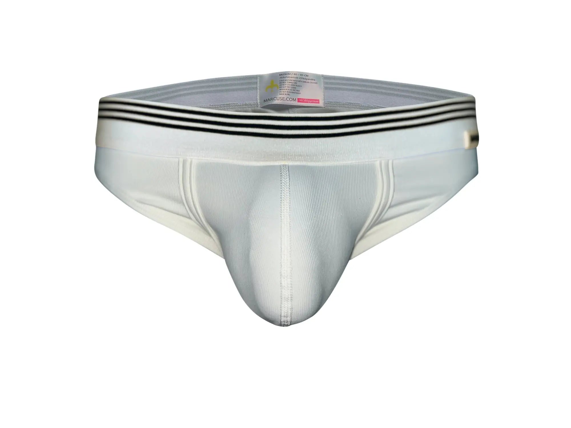 Marcuse Huxley brief underwear in white with a black striped waistband and ribbed fabric detail