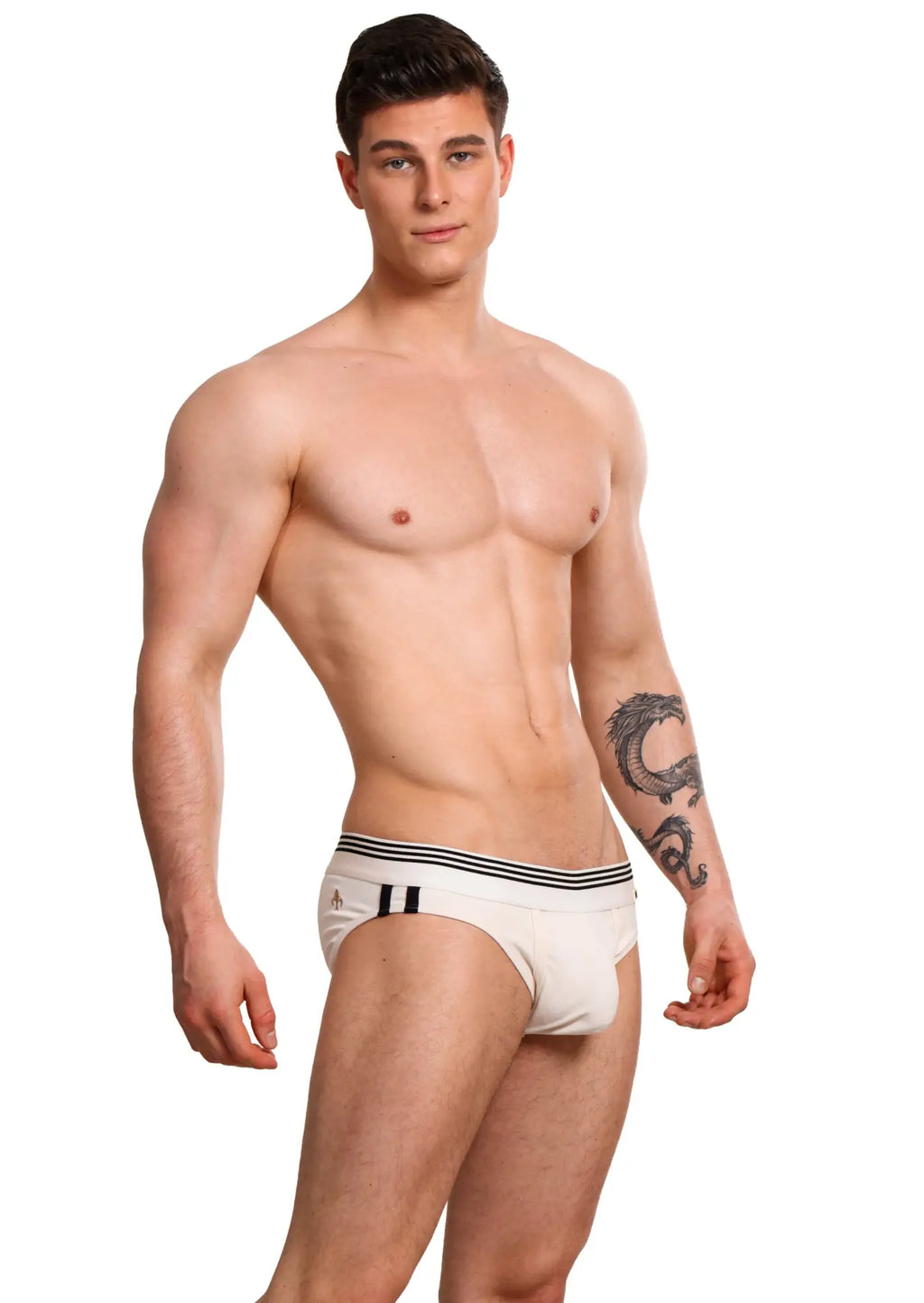White marcuse huxley brief underwear with black striped waistband and small logo on the left side
