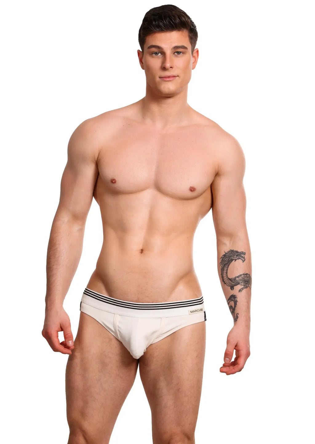 White briefs with black striped waistband and warrior branding marcuse huxley brief underwear