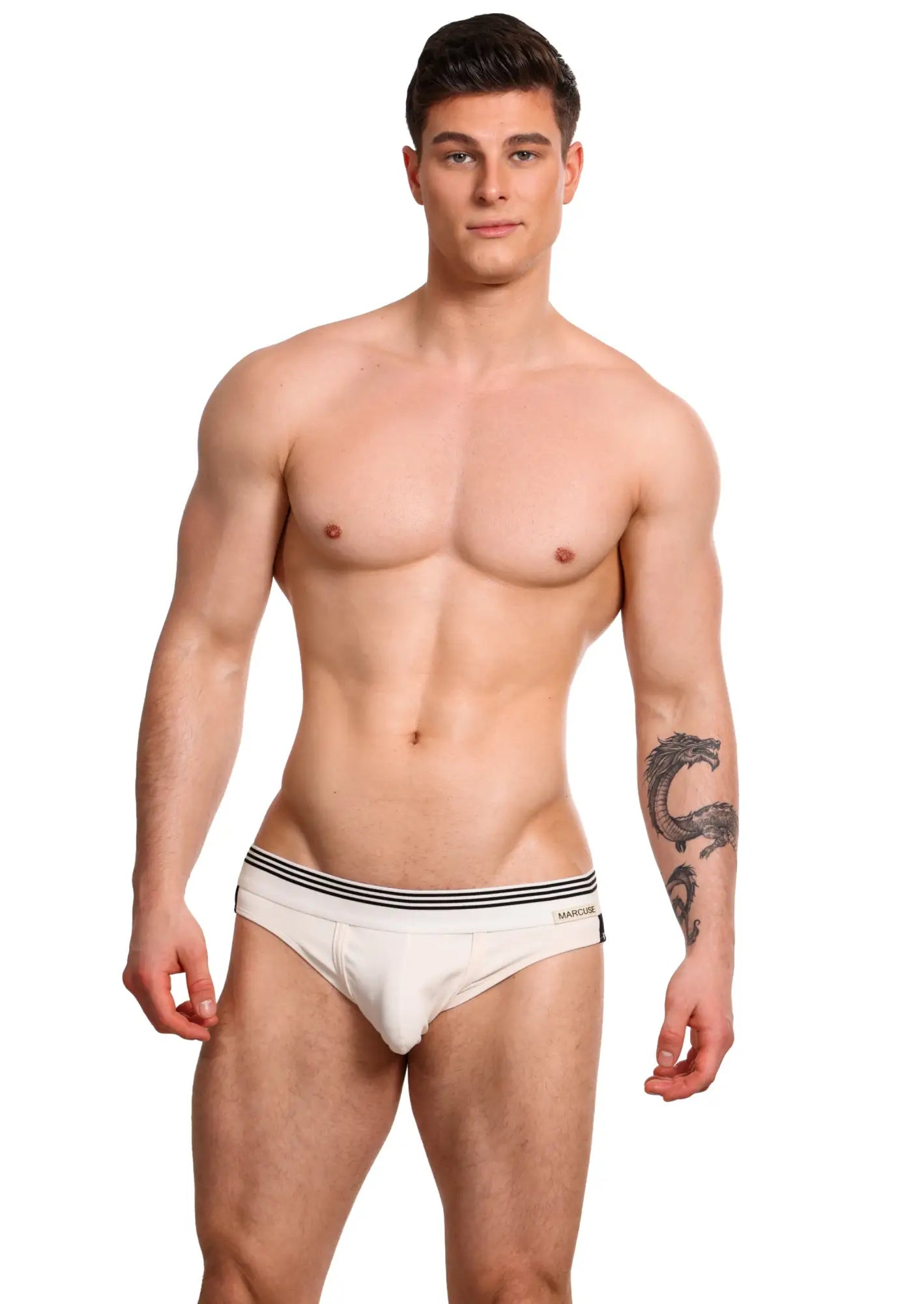 White briefs with black striped waistband and warrior branding marcuse huxley brief underwear