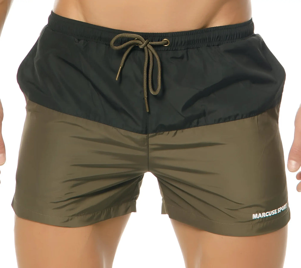 Marcuse Incas shorts black and olive green two-tone swim trunks with drawstring waistband for casual beachwear