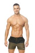 Marcuse incas shorts black and olive green two-tone swim trunks with drawstring waistband for comfortable fit