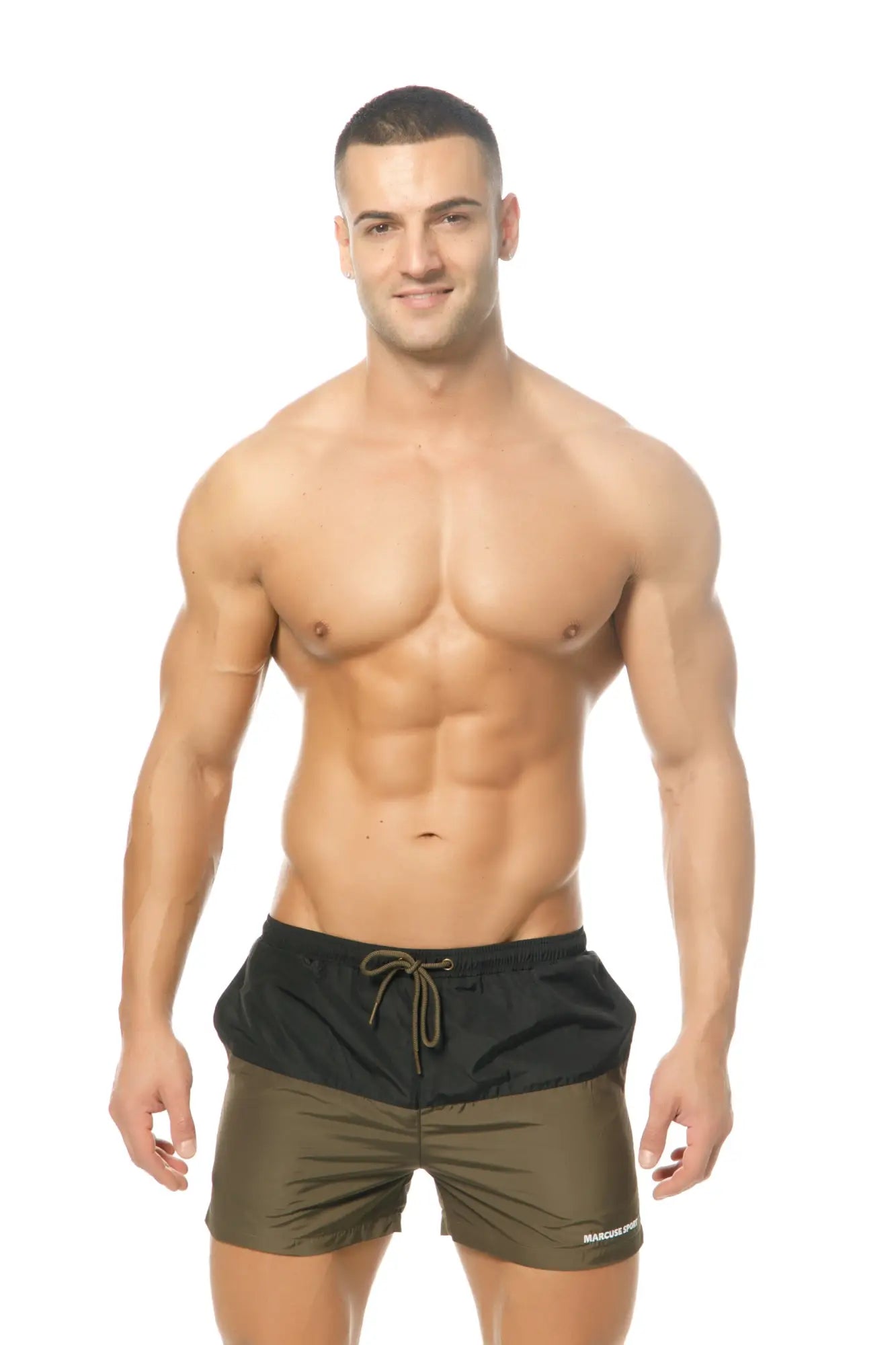 Marcuse incas shorts black and olive green two-tone swim trunks with drawstring waistband for comfortable fit