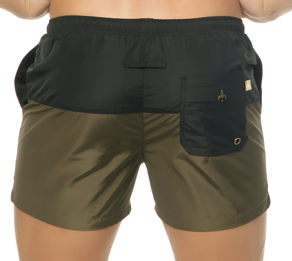 Marcuse Incas shorts black and olive green two-tone swim trunks with black waistband side and front pockets with clasp