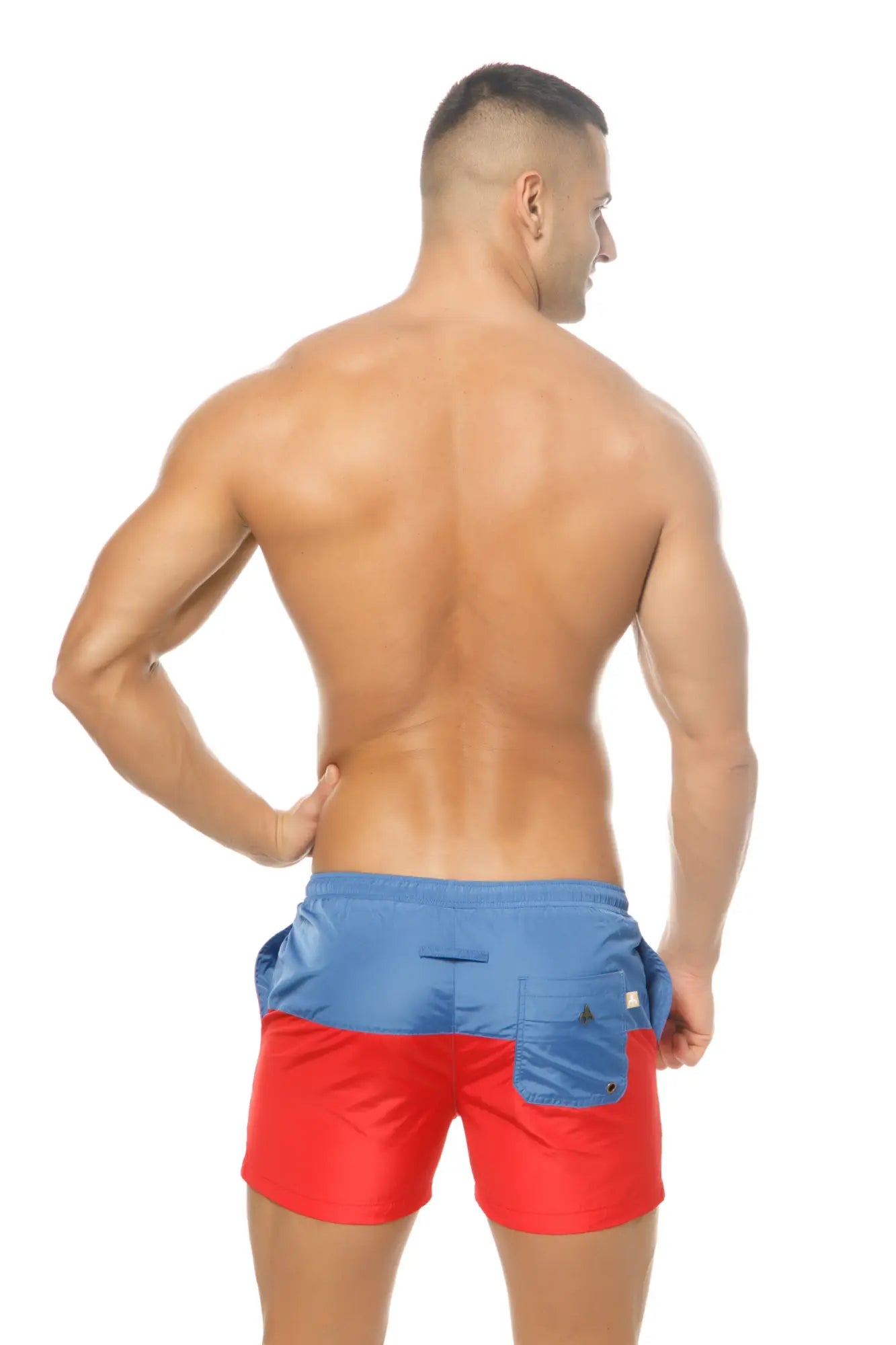 Blue and red two-tone marcuse incas shorts with side pocket designed for swimwear and casual beach use
