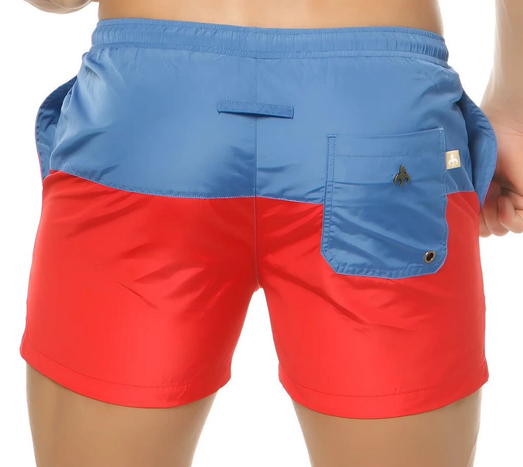 Marcuse Incas shorts blue and red two tone swim trunks with matching blue pocket and small metallic logo
