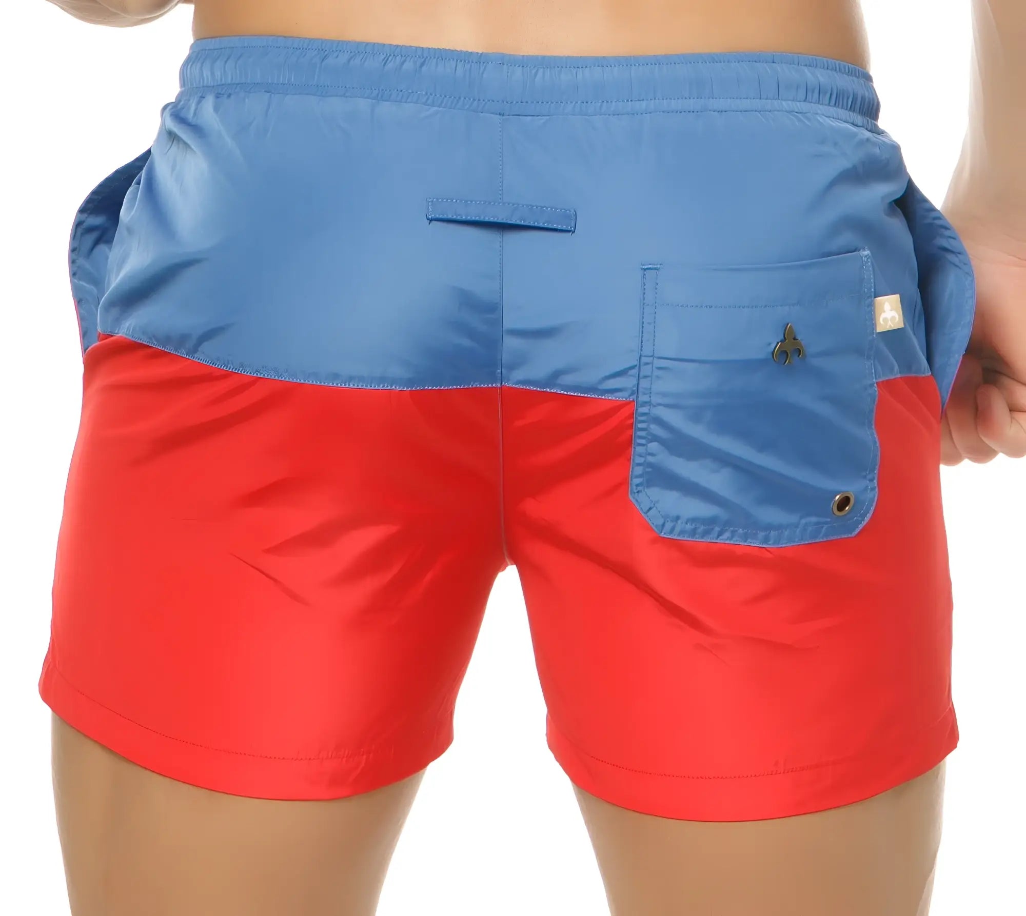 Marcuse Incas shorts blue and red two tone swim trunks with matching blue pocket and small metallic logo