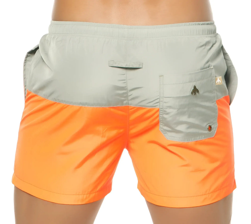 Marcuse Incas shorts bright orange and gray two tone swim trunks with sleek modern design for swimming and beachwear