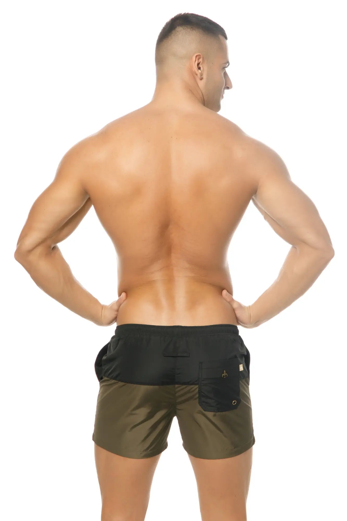 Olive green marcuse incas shorts with black waistband and side pocket made for athletic use