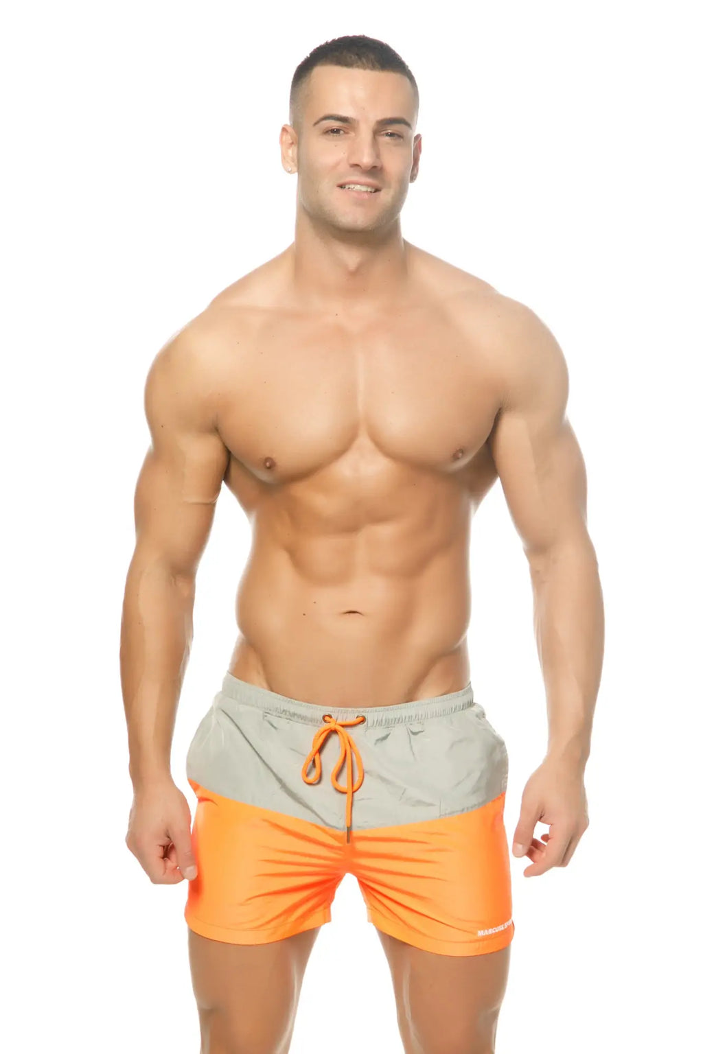 Marcuse Incas shorts orange and gray two-tone swim trunks with orange drawstring designed for swimming and beachwear