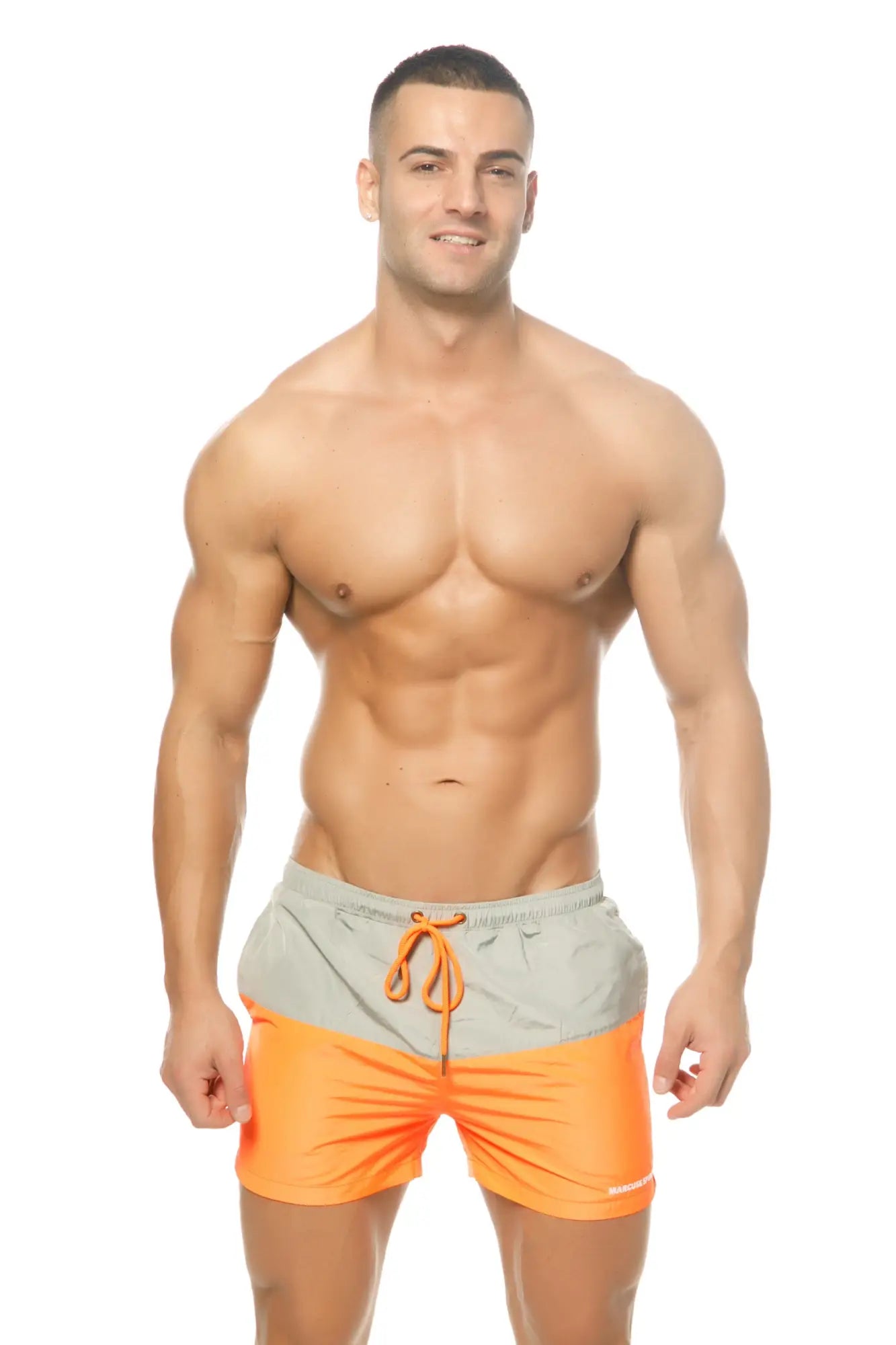 Marcuse Incas shorts orange and gray two-tone swim trunks with orange drawstring designed for swimming and beachwear