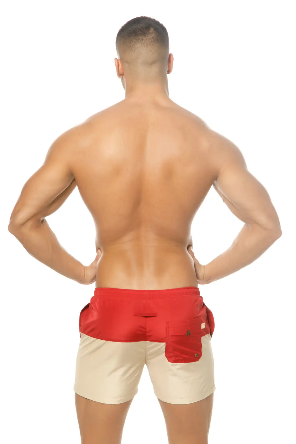 Marcuse Incas shorts red and beige two-tone swim trunks with satin-like red waistband and side pockets