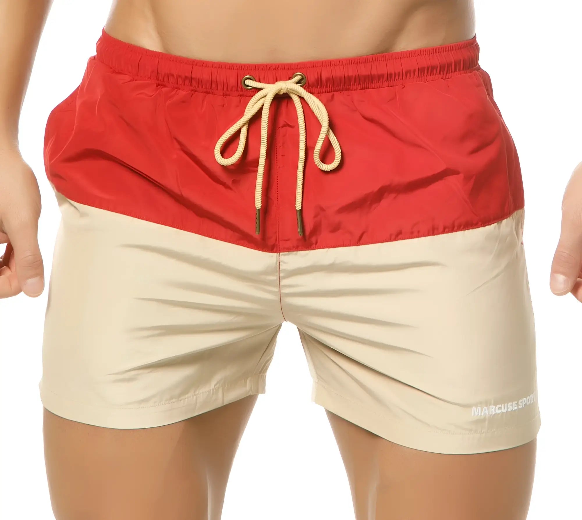 Marcuse Incas shorts red and beige two-tone swim trunks with drawstring waistband for casual beachwear