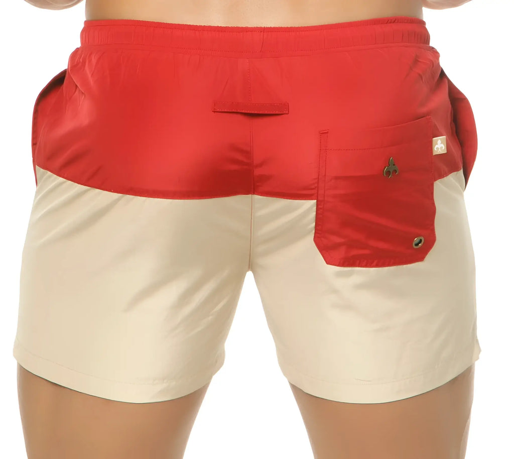 Marcuse Incas shorts red and beige two tone swim trunks with a red pocket and metallic clasp on the front side
