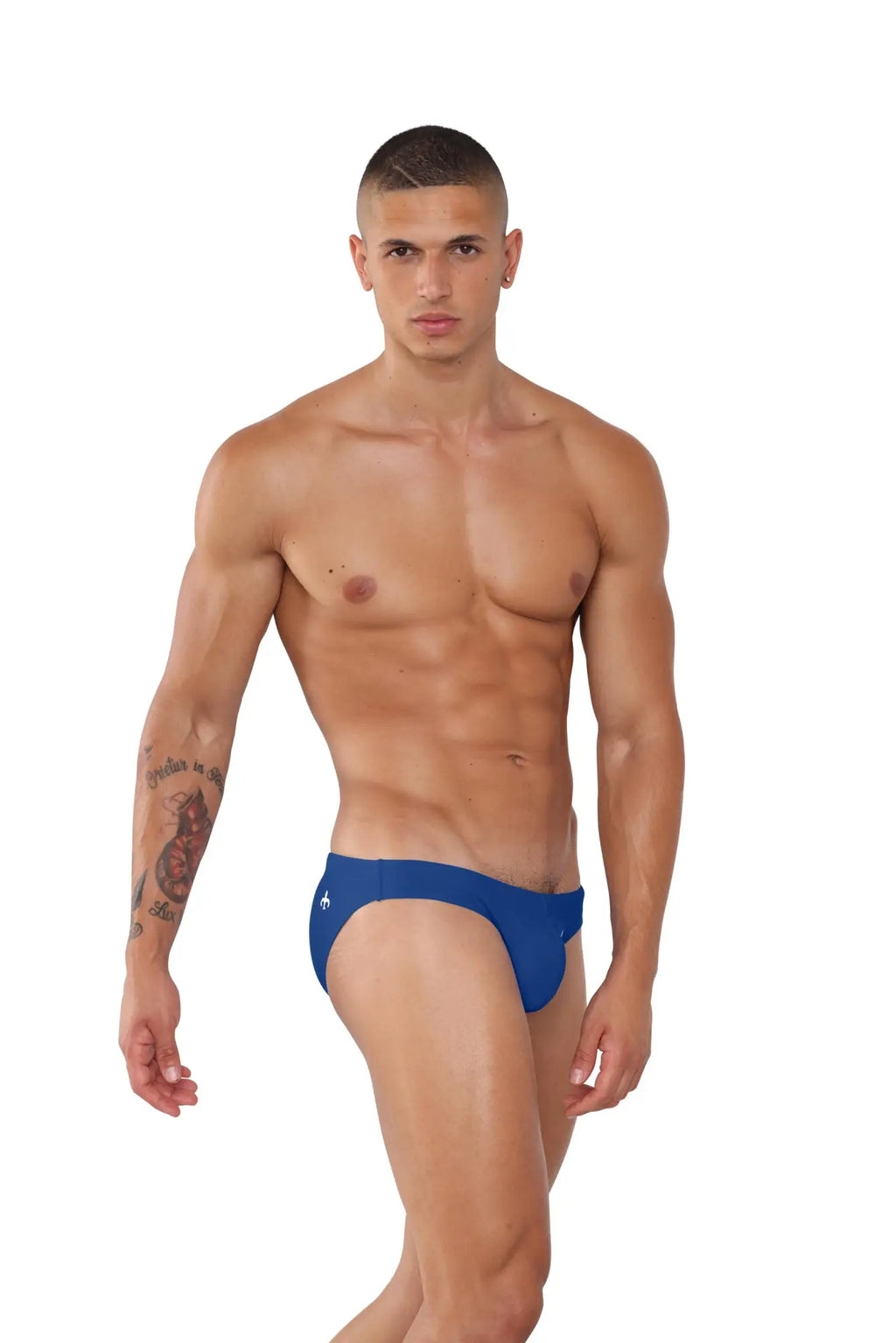 Blue marcuse inflate bikini swimwear briefs with a small white logo on the left hip for athletic use