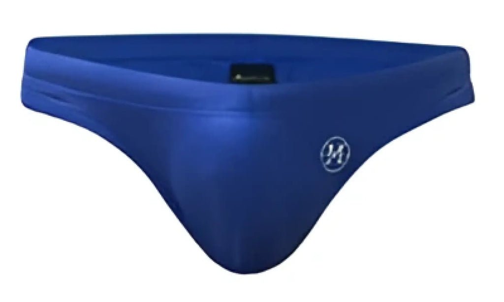 Blue satin marcuse inflate bikini swimwear briefs with a subtle logo on the front