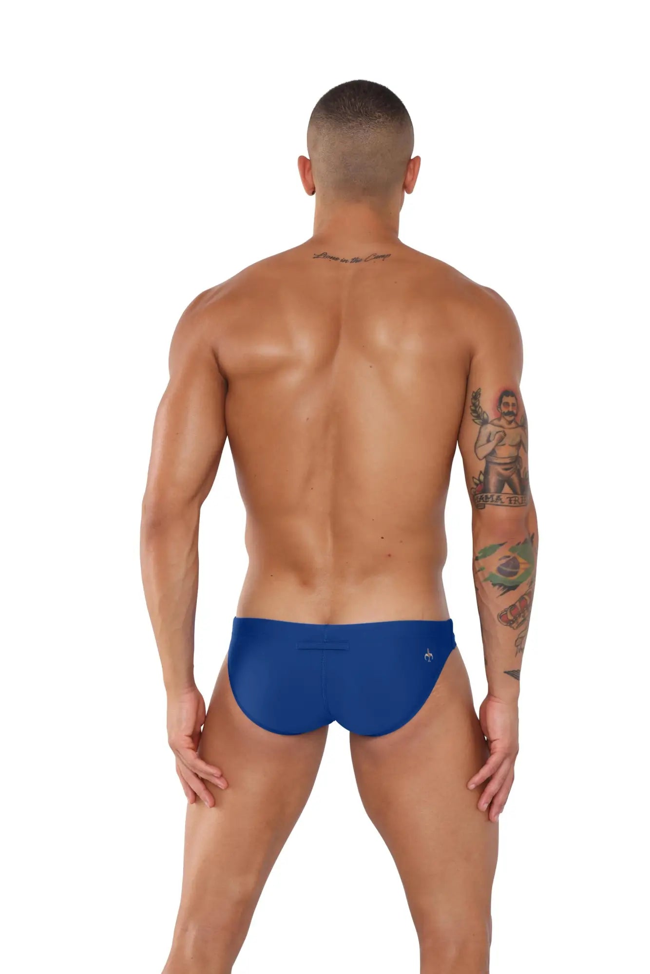 Blue marcuse inflate bikini swimwear trunks with a small logo on the lower right side for swimming and beachwear
