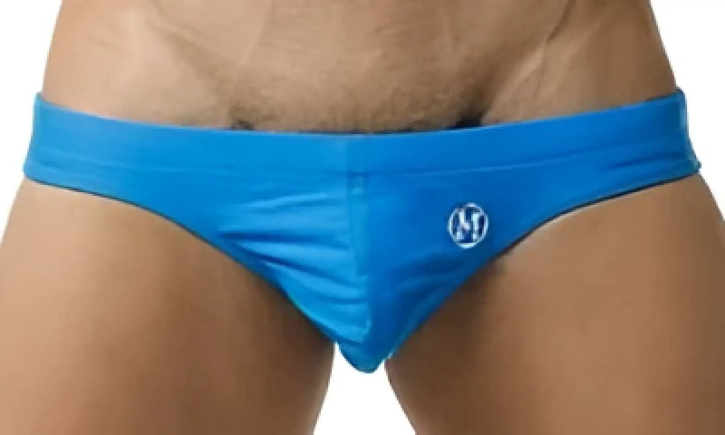 Bright blue marcuse inflate bikini swimwear sleek swim trunks with subtle logo on the front