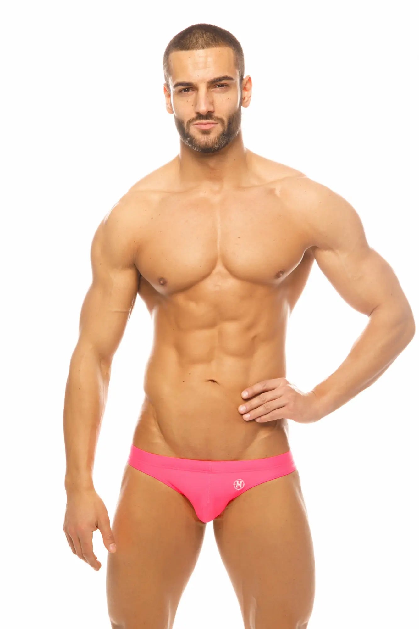 Bright pink marcuse inflate bikini swimwear briefs with a small white logo on the front for swim or beachwear