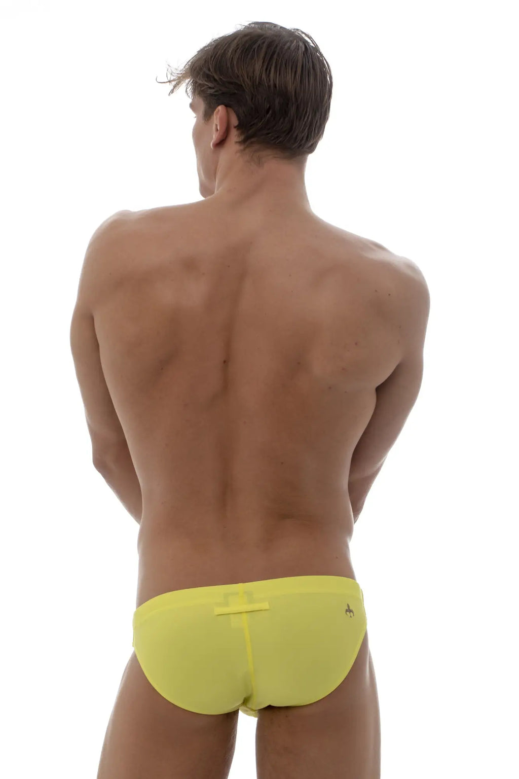 Bright yellow marcuse inflate bikini swimwear trunks with subtle side logo designed for swim and beachwear
