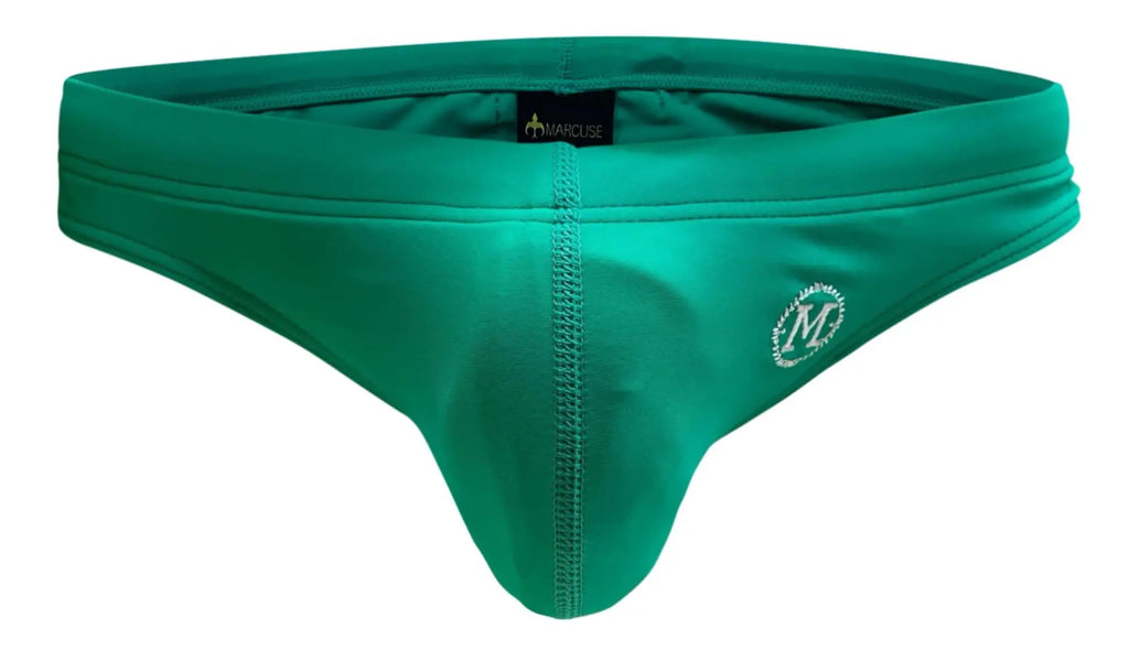 Emerald green Marcuse Inflate bikini thong made of smooth stretchy fabric with subtle white embroidered logo on hip back side