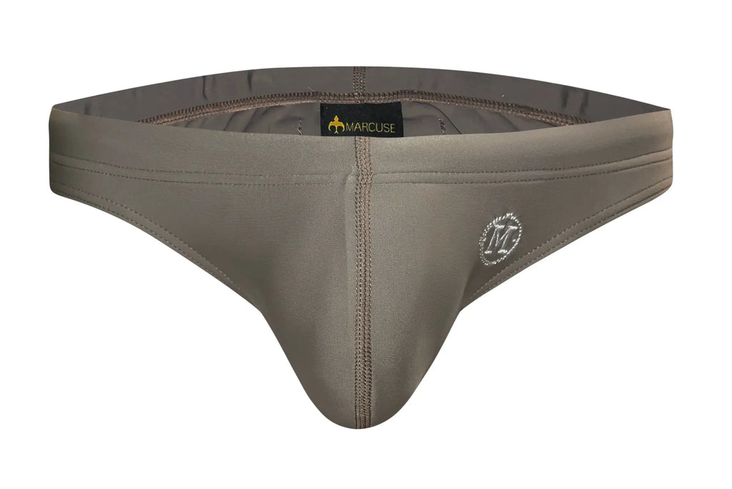Gray marcuse inflatable bikini swimwear briefs with subtle textured fabric and small embroidered logo on the side