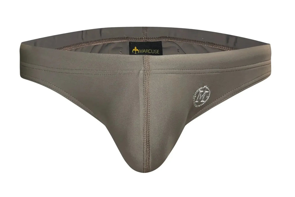 Gray marcuse inflatable bikini swimwear briefs with subtle textured fabric and small embroidered logo on the side