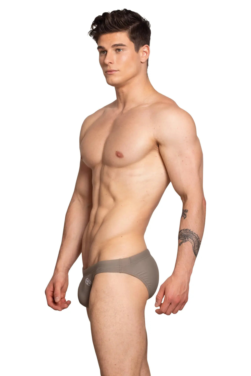 Gray Marcuse Inflate bikini swimwear men’s briefs with a subtle logo on the front designed for swim use