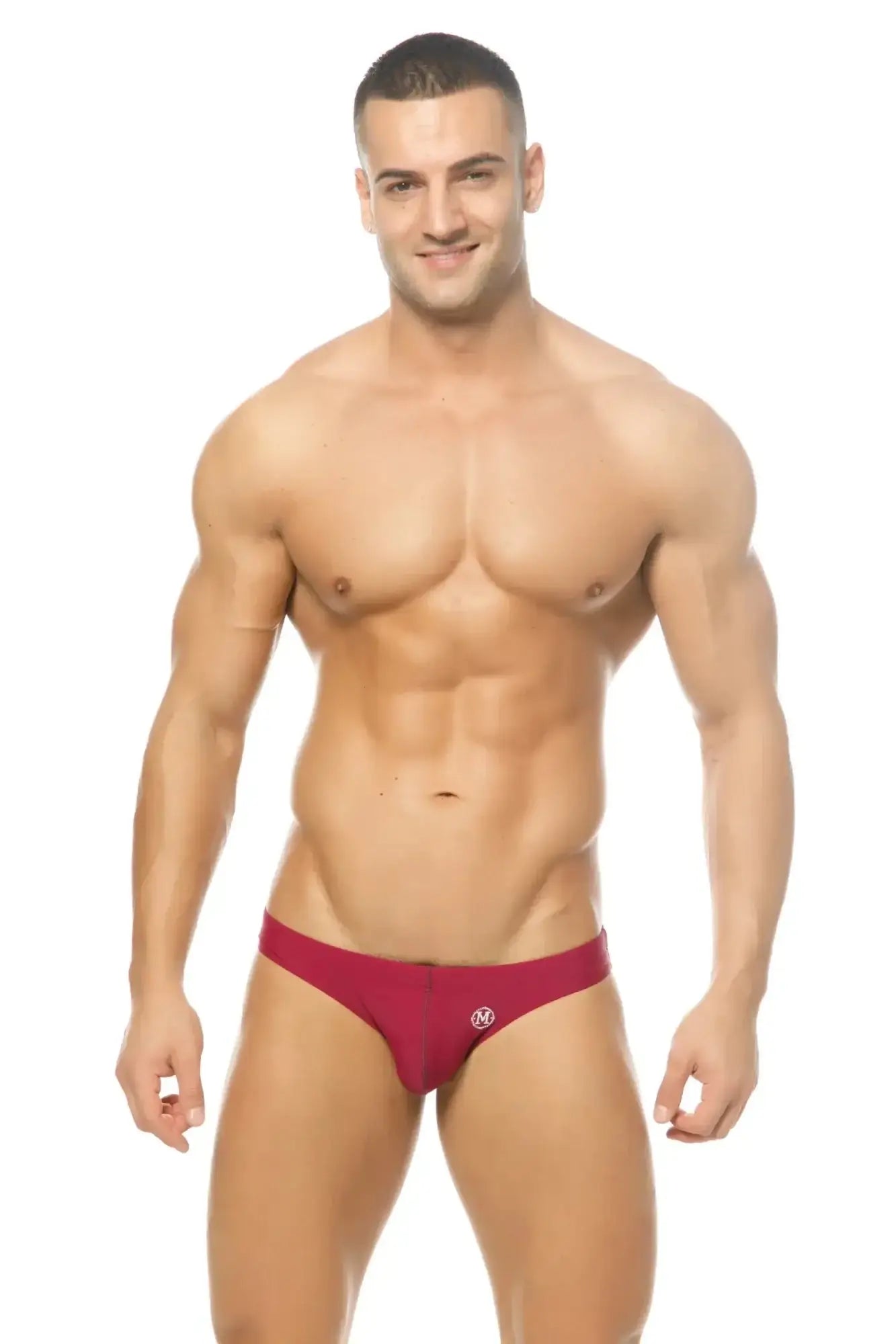 Red marcuse inflate bikini swimwear briefs with small white logo on front made for swimwear use