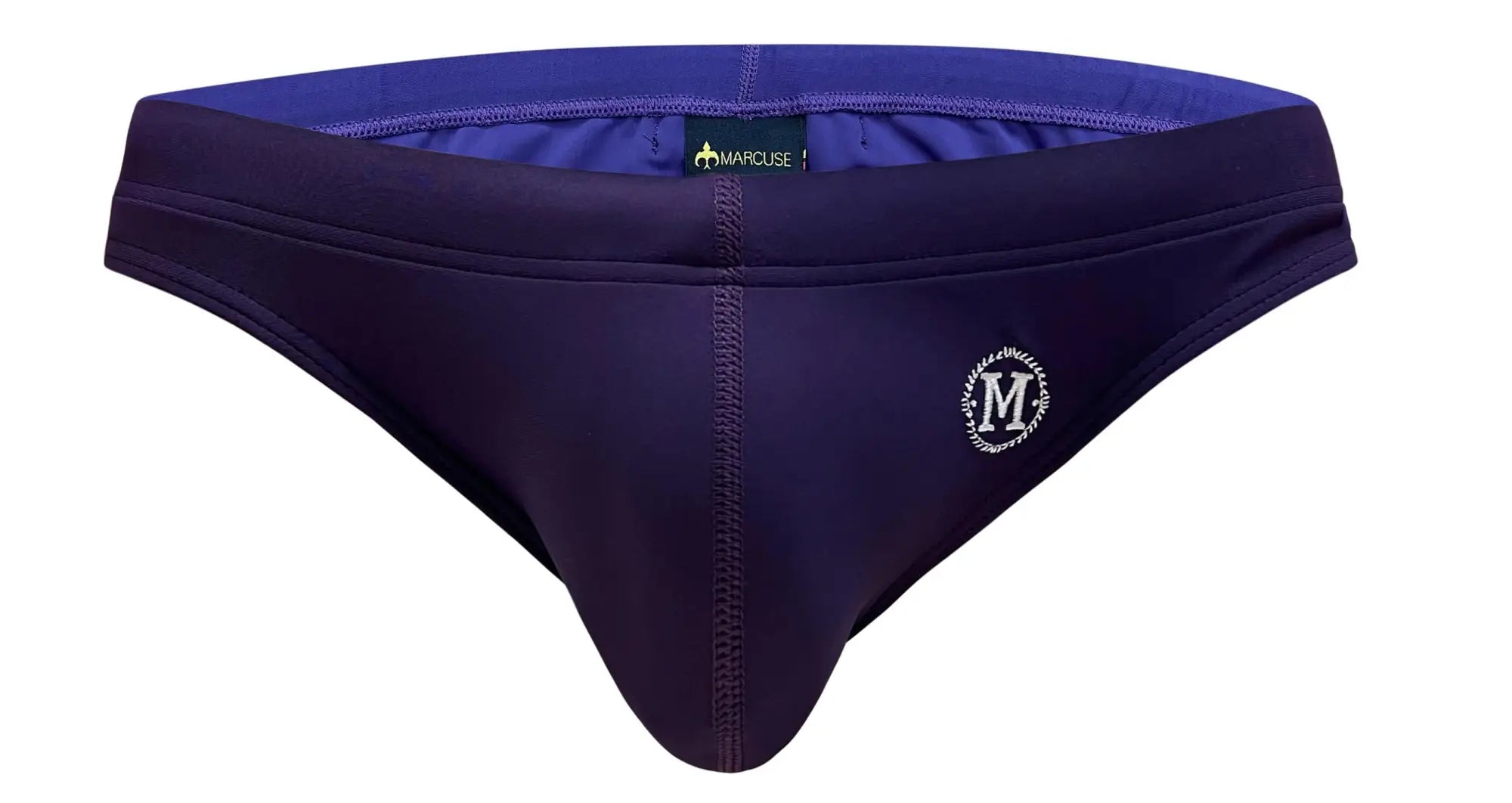 Navy blue Marcuse Inflate bikini swimwear swim trunks with white embroidered m logo on the front