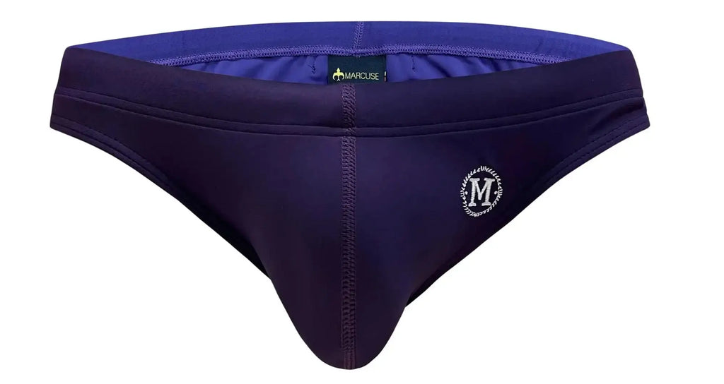 Navy blue Marcuse Inflate bikini swimwear swim trunks with white embroidered m logo on the front