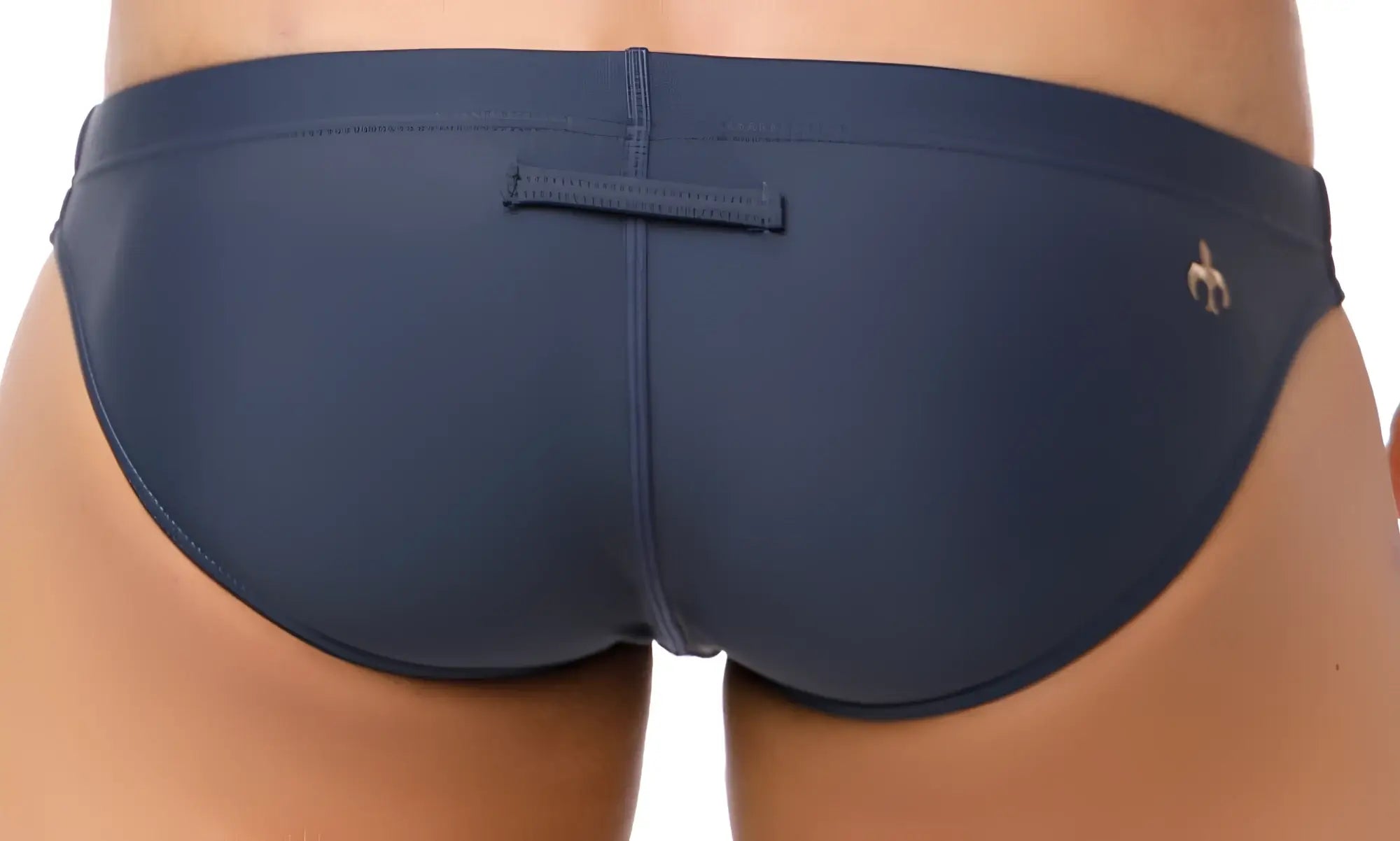 Marcuse Inflate bikini swimwear navy blue swim trunks with gold logo and central back strap shown from the back side