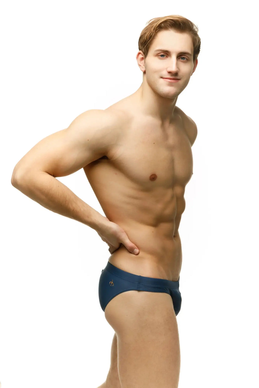 Navy blue marcuse inflate bikini swimwear with small logo on left hipband made for comfortable swim use