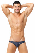 Navy blue marcuse inflate bikini swimwear briefs with small white logo on front in stretchy swim fabric