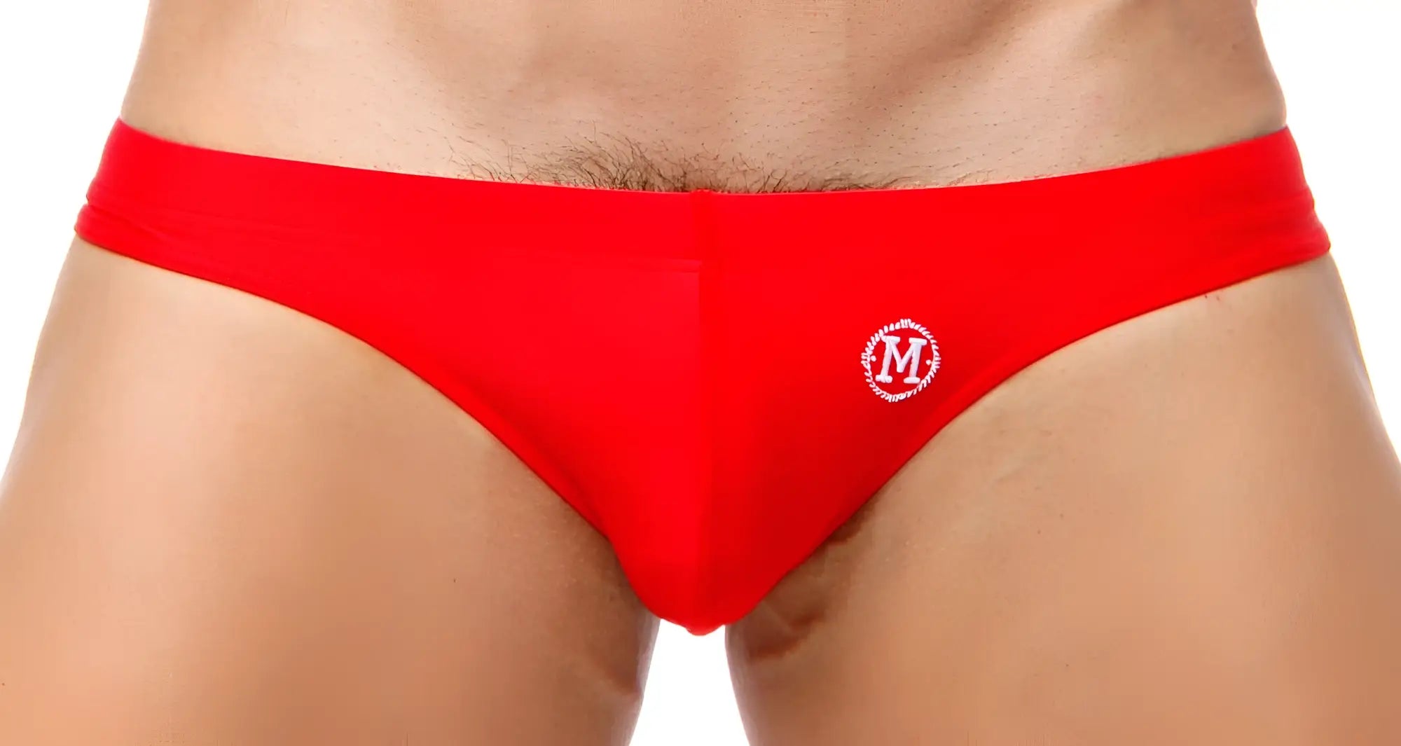 Red marcuse inflate bikini swimwear briefs with white embroidered logo designed for men