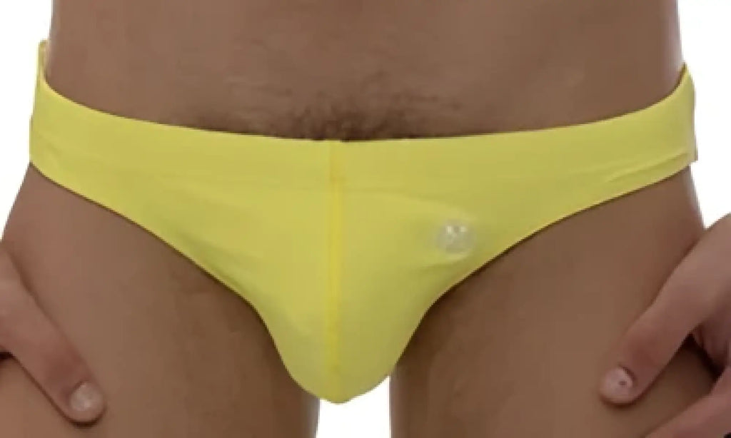 Yellow thong briefs from marcuse inflate bikini swimwear made of stretchy fabric for swim use shown from the front