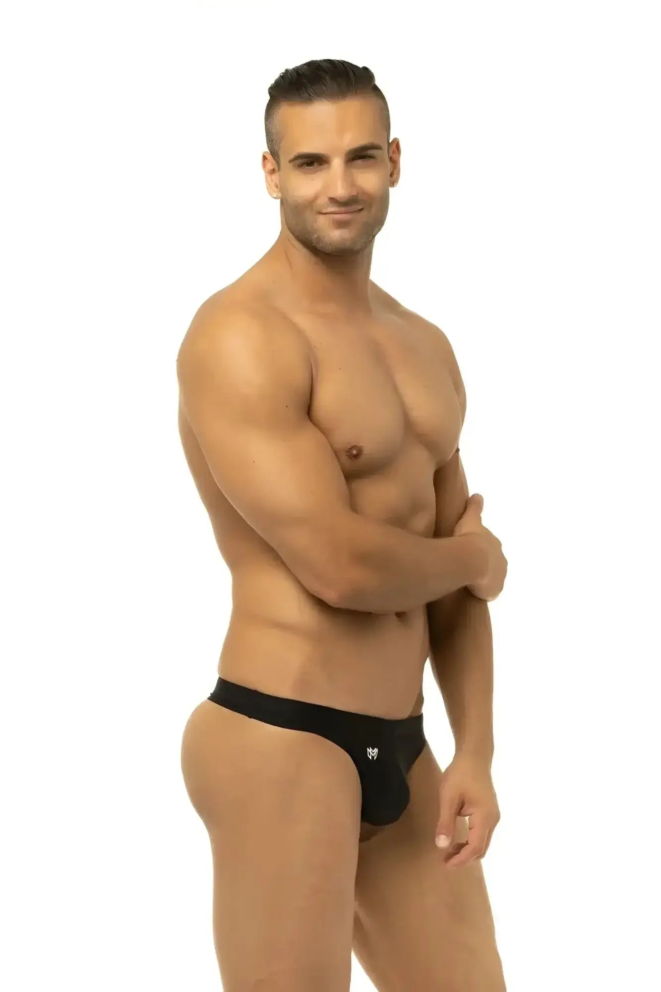 Black men’s briefs with small white logo front made of stretch fabric marcuse inflate thong swimwear