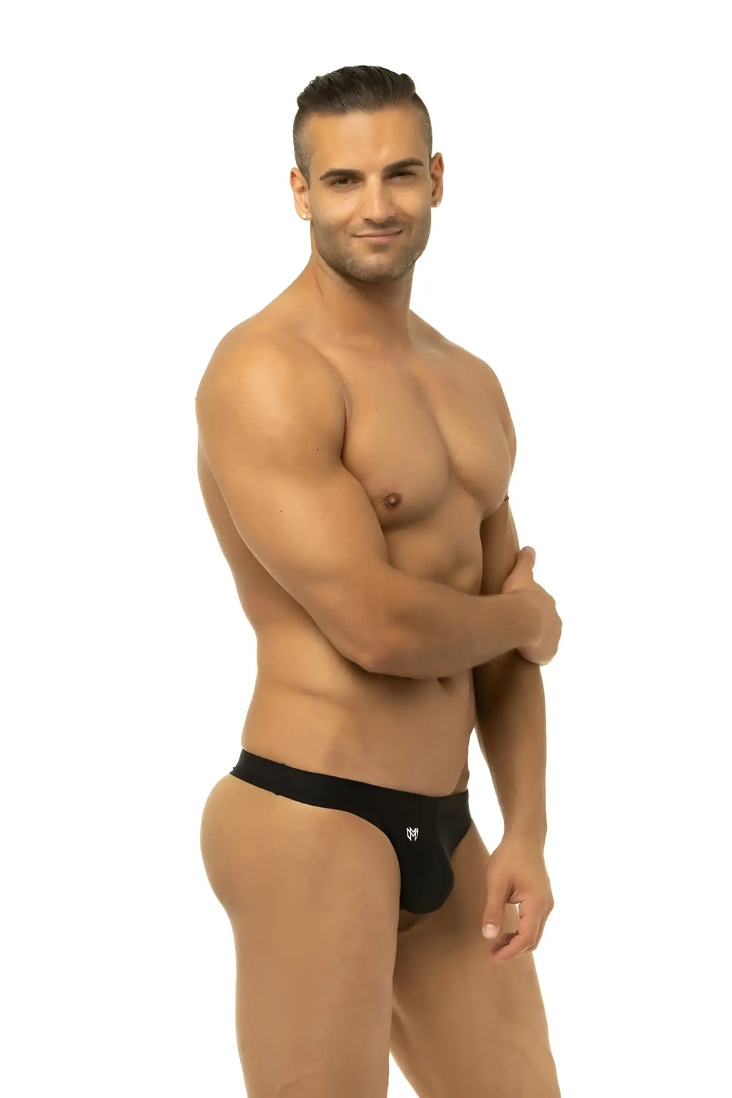 Black men’s briefs with small white logo front made of stretch fabric marcuse inflate thong swimwear