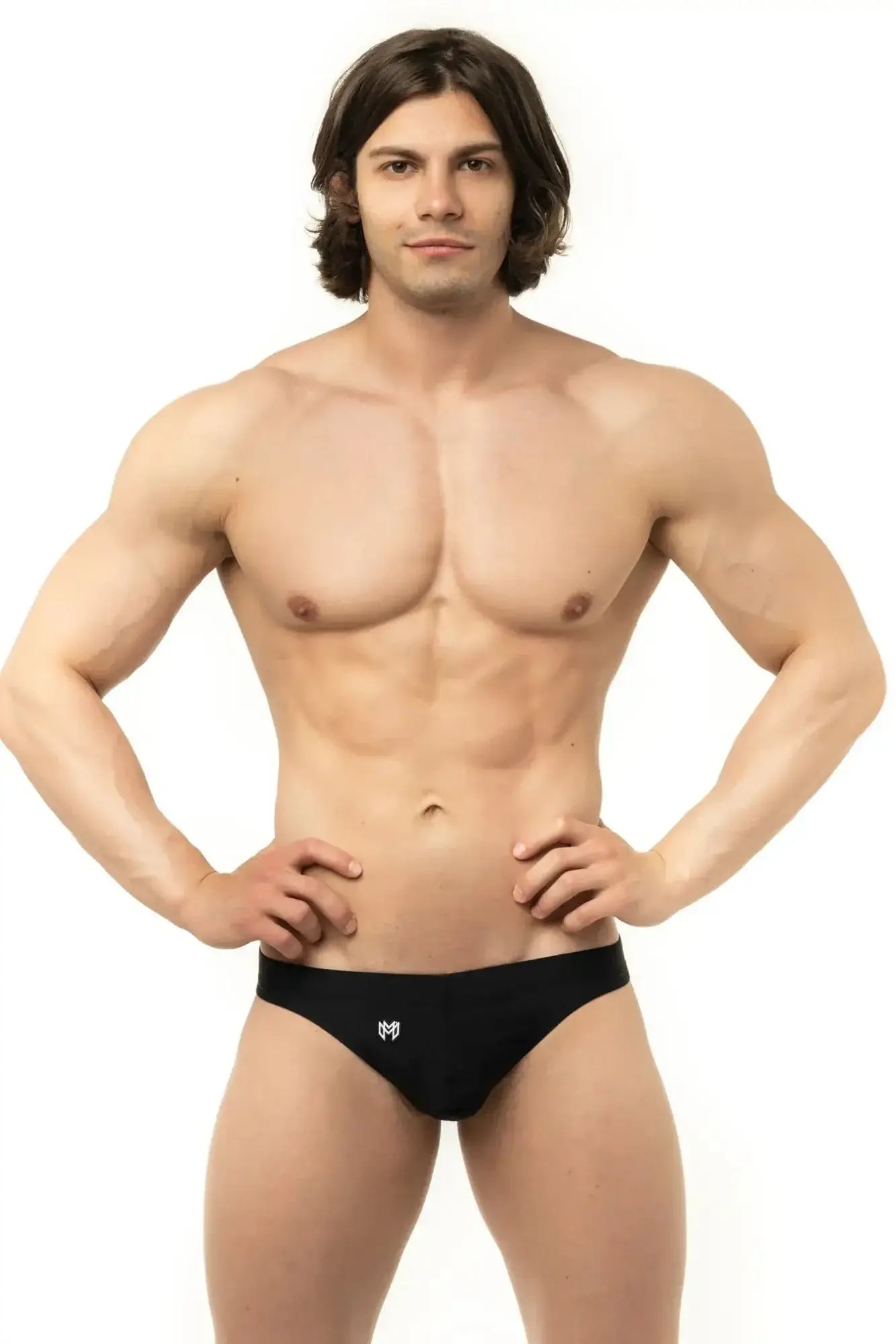 Black Marcuse Inflate thong swimwear briefs with white logo on front designed for swim and beachwear use