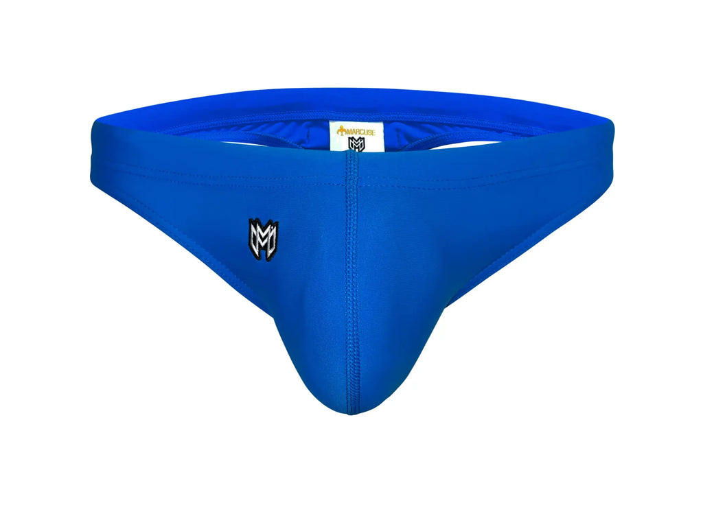 Bright blue Marcuse Inflate thong swimwear with black and white logo on the front designed for men