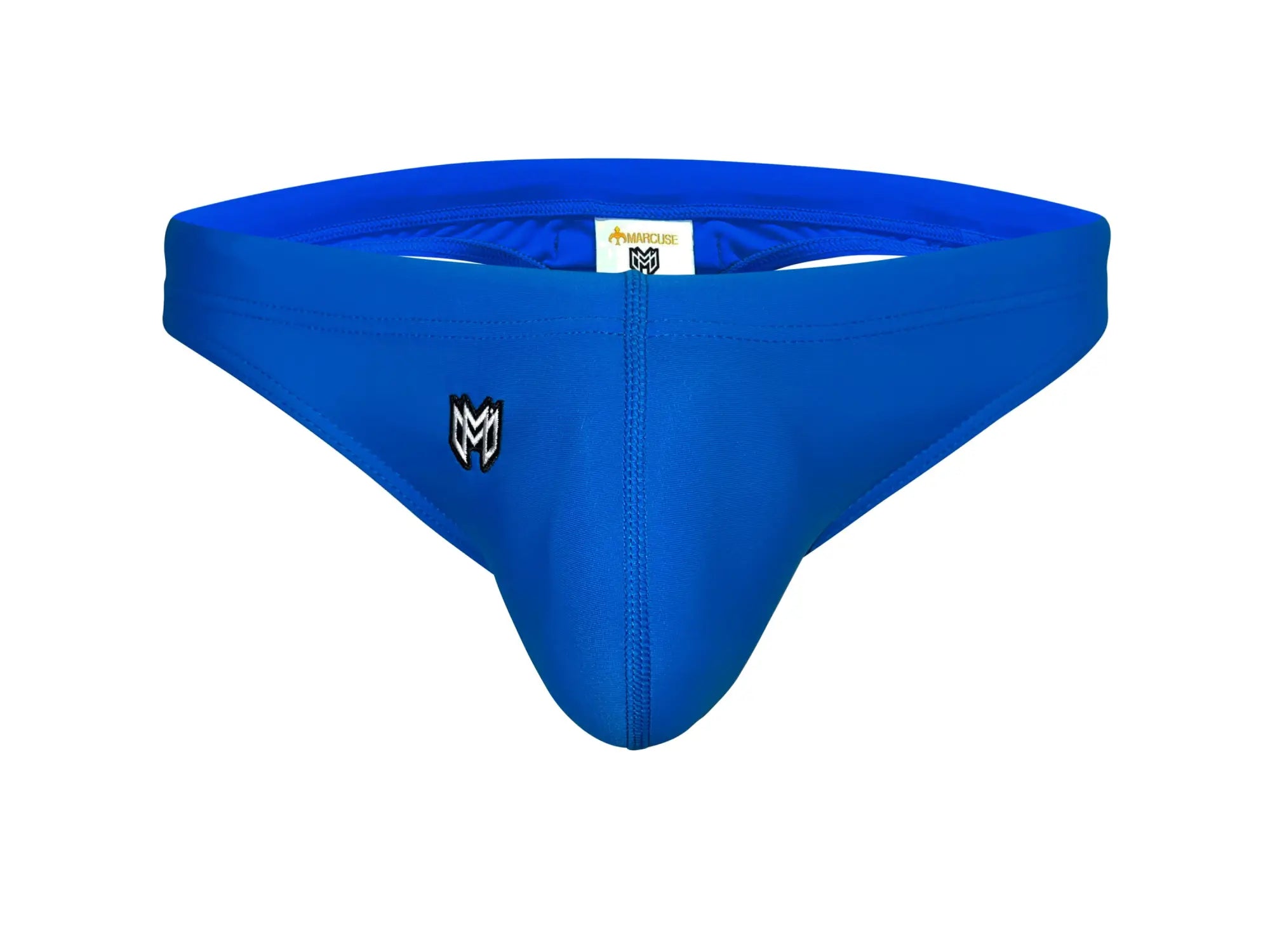 Bright blue Marcuse Inflate thong swimwear with black and white logo on the front designed for men