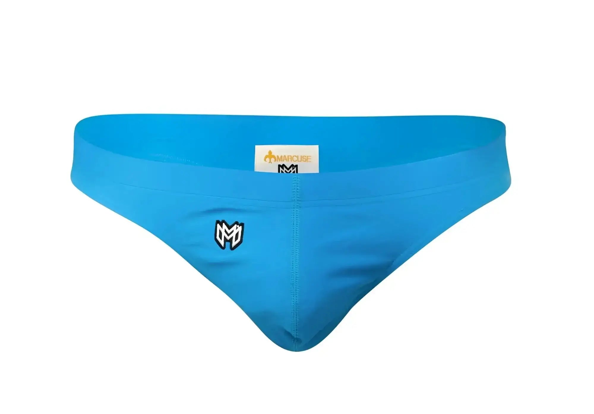 Bright blue marcuse inflate thong swimwear with black embroidered logo on front made from lightweight fabric
