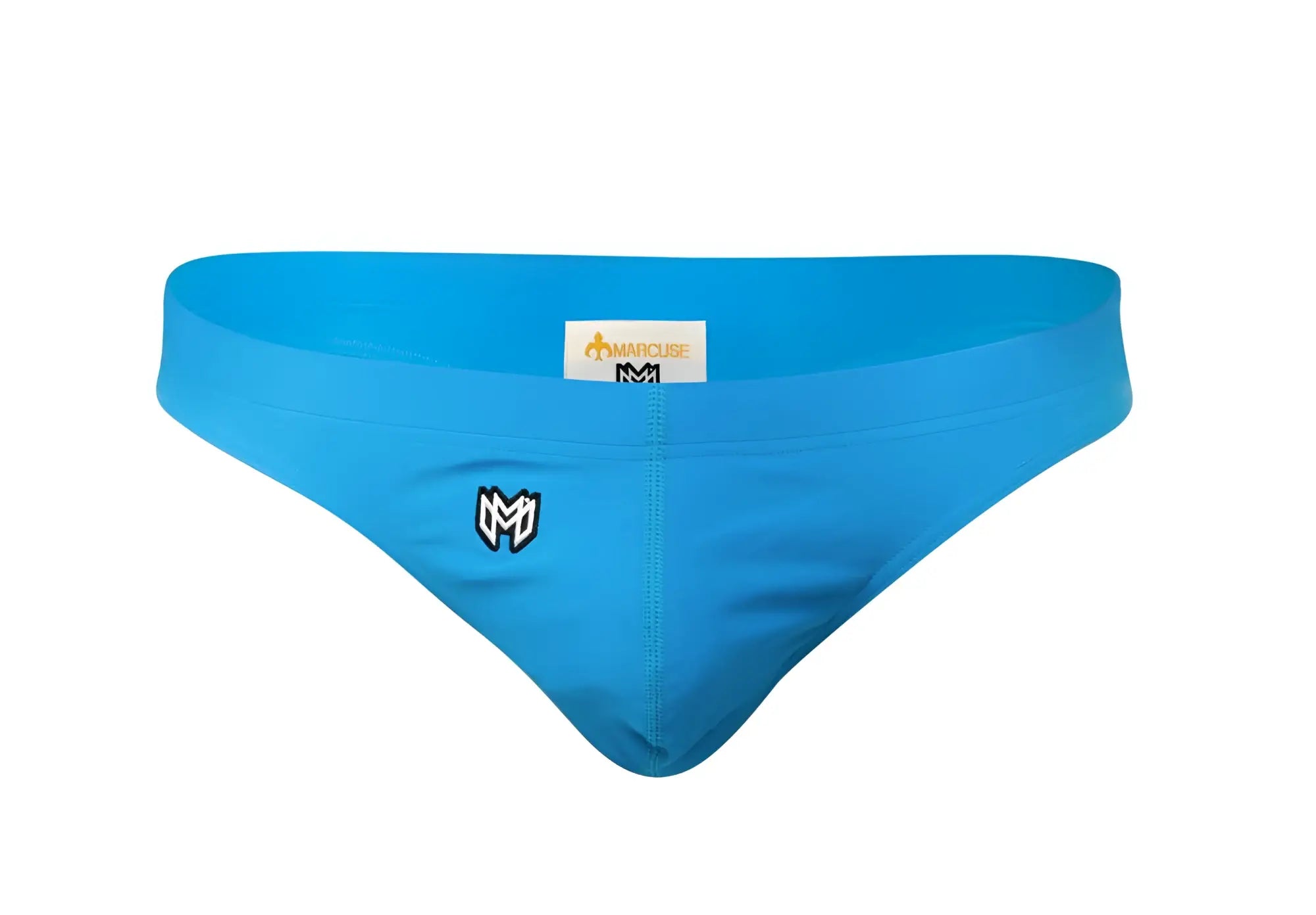 Bright blue marcuse inflate thong swimwear with black embroidered logo on front made from lightweight fabric