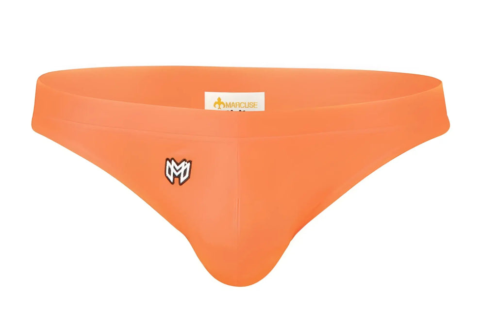 Bright orange seamless briefs with black and white logo in marcuse inflate thong swimwear collection