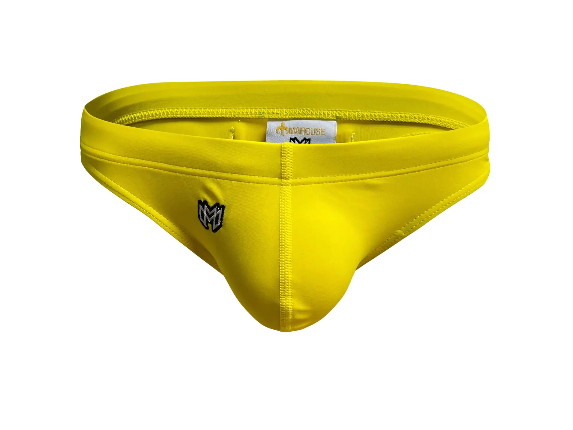 Bright yellow marcuse inflate thong swimwear with black embroidered logo on front for men’s swimwear