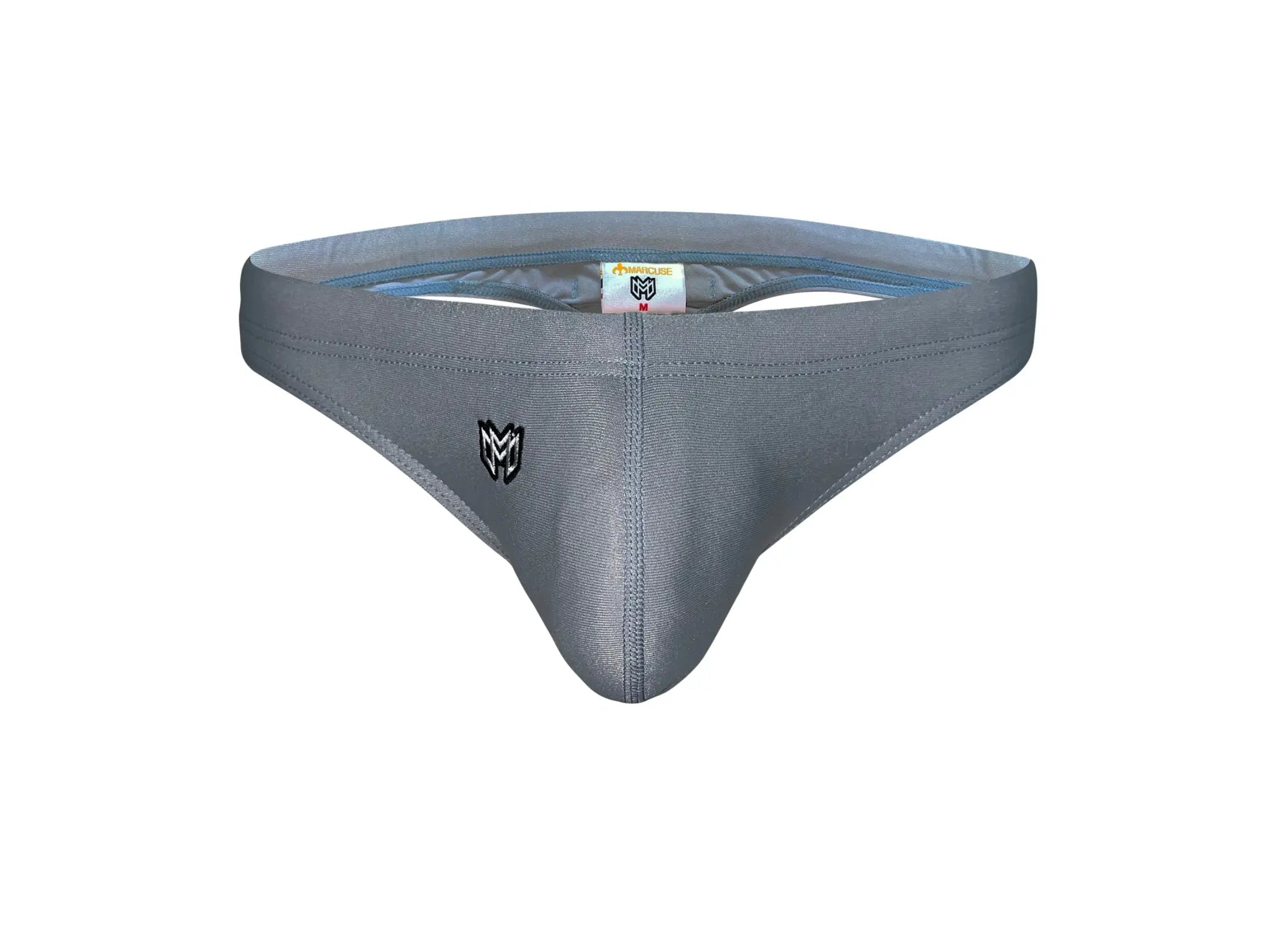 Gray marcuse inflate thong swimwear with subtle textured fabric and black logo on the front